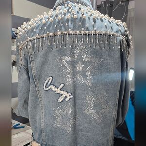 Custom Distressed Cowboys Jacket • Pearls, Stars & Rhinestone Details